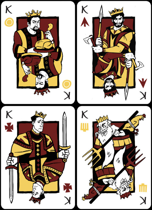 Creating my own Deck of cards based on mine and my friends comic Characters. With 4 different suits: Coins, Arrows, Crosses and Forks.
I’ve just about finished the Kings.